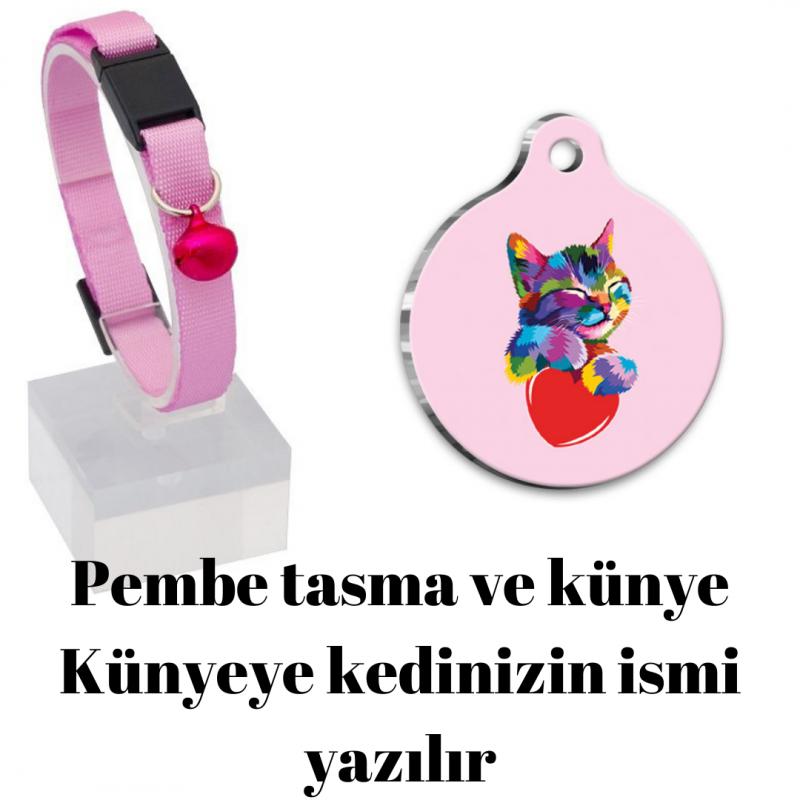 Güvenlik%20Kilitli%20Zilli%20ve%20Ayarlanabilir%20Pembe%20Kedi%20Boyun%20Tasması%2022-30%20cm+Gülümseyen%20%20Kedi%20Künyesi