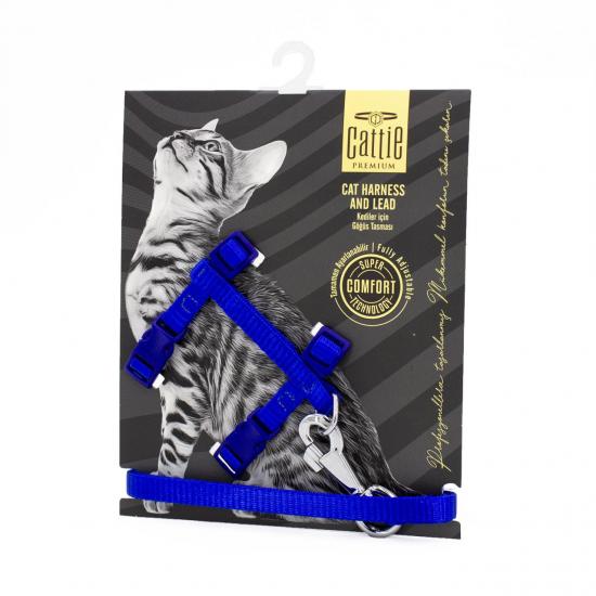 Cattie Dokumadan El Yapımı Kedi Göğüs & Gezdirme Takımı 1x25-40cm - Royal Blue