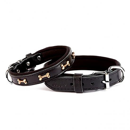 El Yapımı Kemik Süslü Deri Köpek Boyun Tasması 2,5x37-45cm - Black