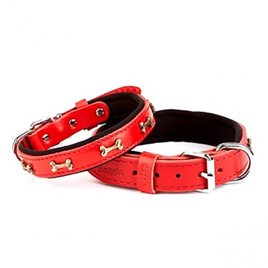 El Yapımı Kemik Süslü Deri  Köpek Boyun Tasması 2,5x37-45cm - Red