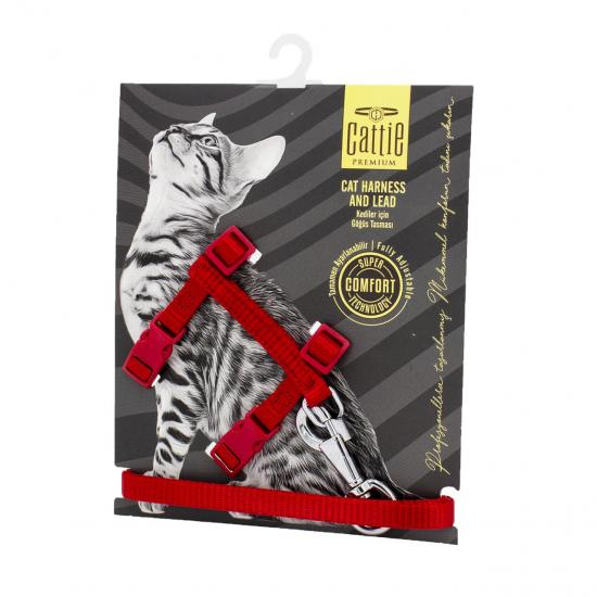 Cattie Dokumadan El Yapımı Kedi Göğüs & Gezdirme Takımı 1x25-40cm - Red