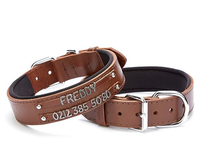 Doggie Konforlu Gerçek Deriden El Yapımı Çift İsimlikli Köpek Boyun Tasması 3,5x52-60cm - Brown