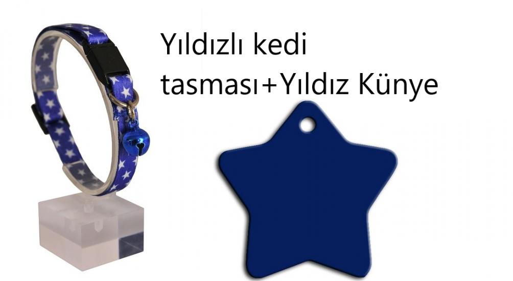 Lacivert Beyaz Yıldızlı Güvenlik Kilitli Ayarlanabilir Yumuşak Doku Kedi Boyun Tasması 22-30 cm+Çelik Kaplama Yıldız künye