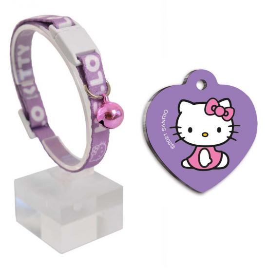 Hello Kitty Lila Beyaz Desenli Güvenlik Kilitli Ayarlanabilir Yumuşak Doku Kedi Boyun Tasması 22-30 cm+Hello Kitty Künye