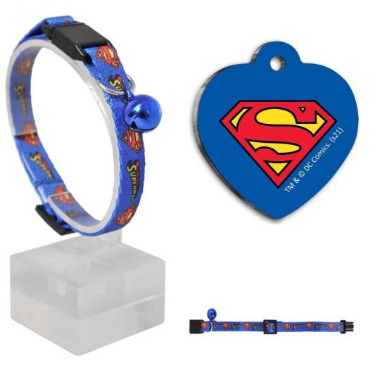 Superman Lacivert Desenli Güvenlik Kilitli Ayarlanabilir Yumuşak Doku Kedi Boyun Tasması 22-30 cm+Superman Künye