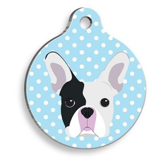 Mavi Puantiyeli Boston Terrier Yuvarlak Köpek Künyesi