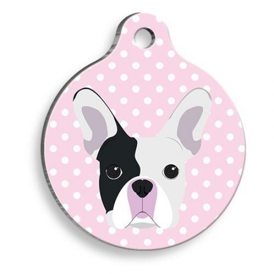 Pembe Puantiyeli Boston Terrier Yuvarlak Köpek Künyesi