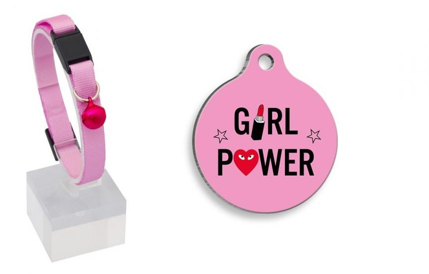 Girl Power Çelik Kaplama Kedi Künyesi+Pembe Kedi Tasması