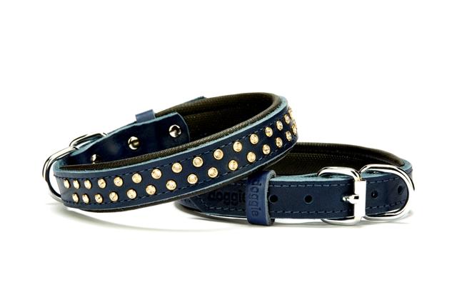 Doggie Konforlu Deri Swarovski Kristal Taşlı Köpek Boyun Tasması 2 x 32-39 cm Mavi